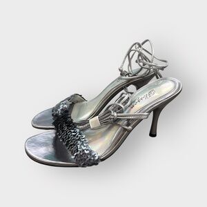 De Blossom Collection Silver Gray Sequin Criss Cross Toe Y2K Strappy Heels